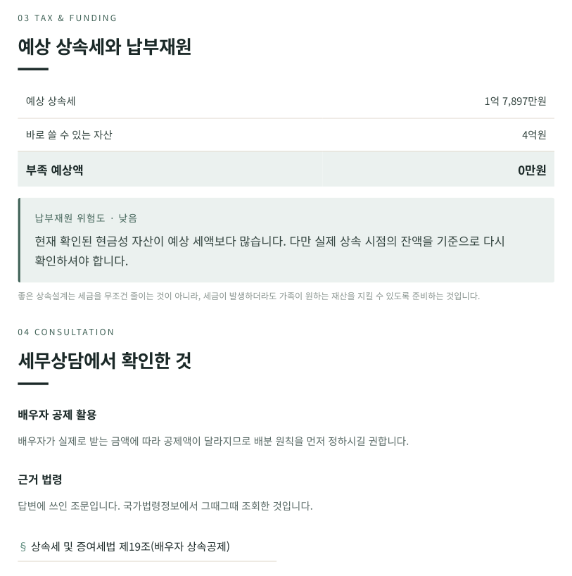 예상 상속세와 납부재원 화면